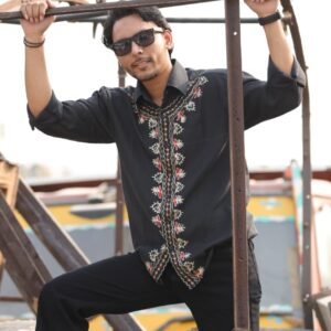 Men’s Black Hand-Embroidered Shirt – Premium Ethnic Fusion Wear