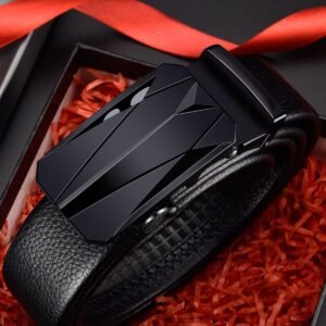 Luxury Black Leather Belt with Geometric Matte Black Automatic Buckle