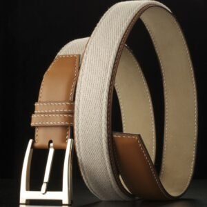 Premium Beige Canvas & Tan Leather Belt with Classic Metal Buckle