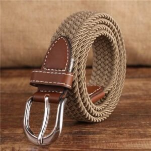 Multy Menz Men's Elastic Woven Stretch Belt - Khaki with Brown Leather Trim