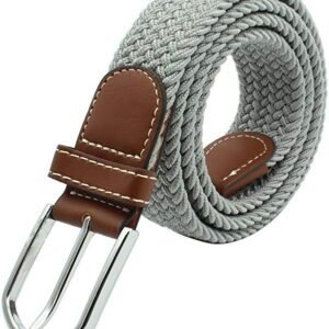 Multy Menz Men's Elastic Woven Stretch Belt - Light Grey with Brown Leather Trim