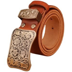 Handcrafted Tan Leather Belt with Antique Floral Engraved Metal Buckle