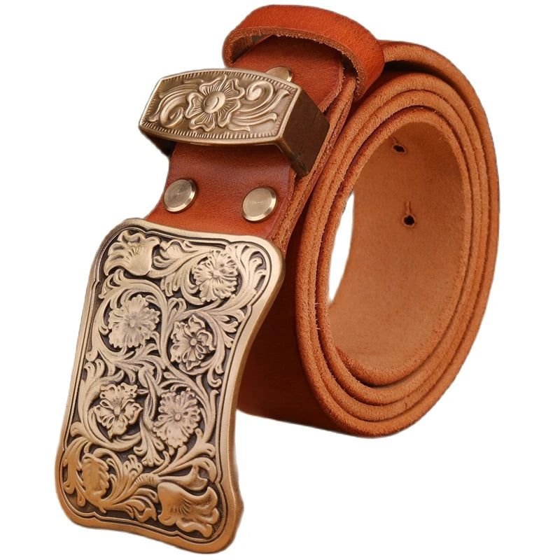 Handcrafted Tan Leather Belt with Antique Floral Engraved Metal Buckle