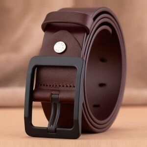 MULTY MENZ Men’s Premium Genuine Leather Belt with Matte Black Square Buckle – Chocolate Brown