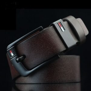 Tommy Hilfiger Men’s Genuine Leather Dress Belt with Matte Black Signature Buckle – Dark Brown